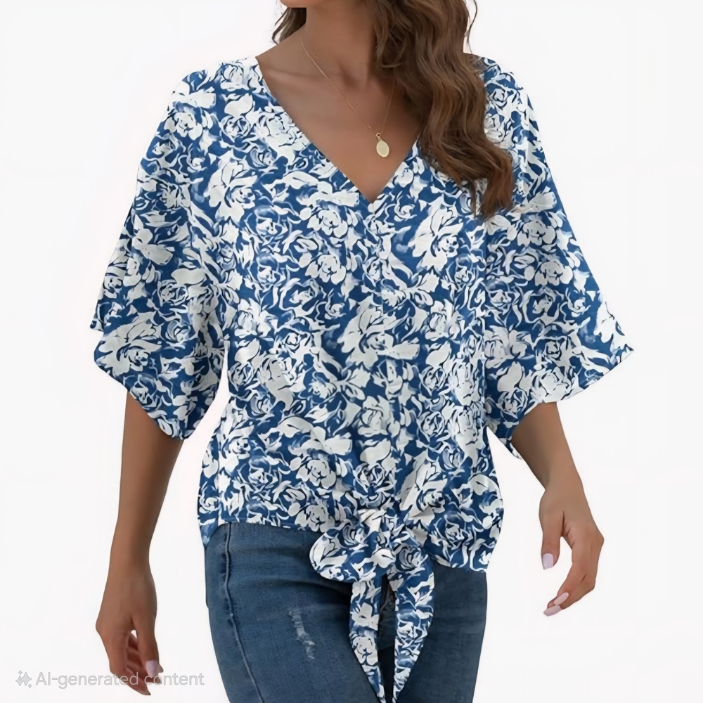 White and Blue Flutter Sleeve Tie Front Blouse